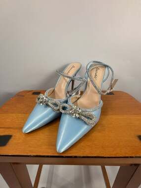 Bieoshli Light Blue Satin Rhinestone Bow Stiletto Heels Size 8.5
